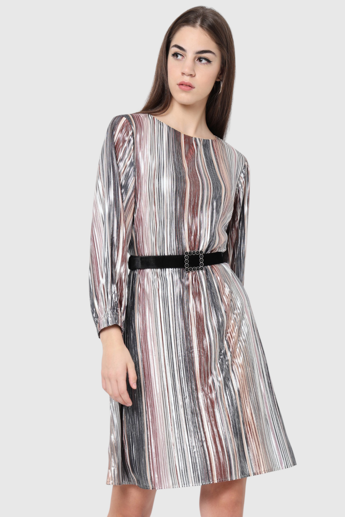 Metallic Striped Belted Midi Dress