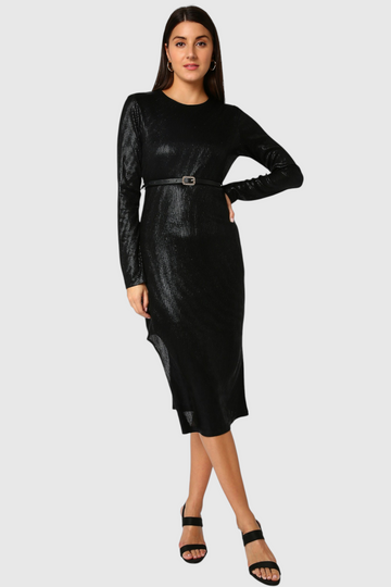 Shimmer Belted Bodycon Midi Dress