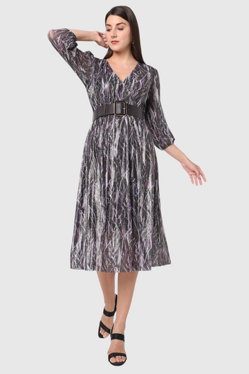 Abstract Grass Print Belted Midi Dress