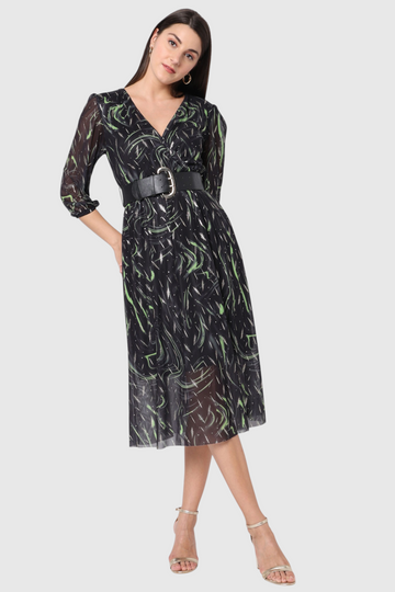 Black Green Abstract Streak Print Belted Midi Dress