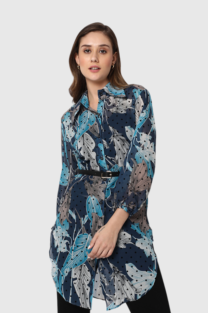 Tropical Leaf Print Belted Tunic Shirt
