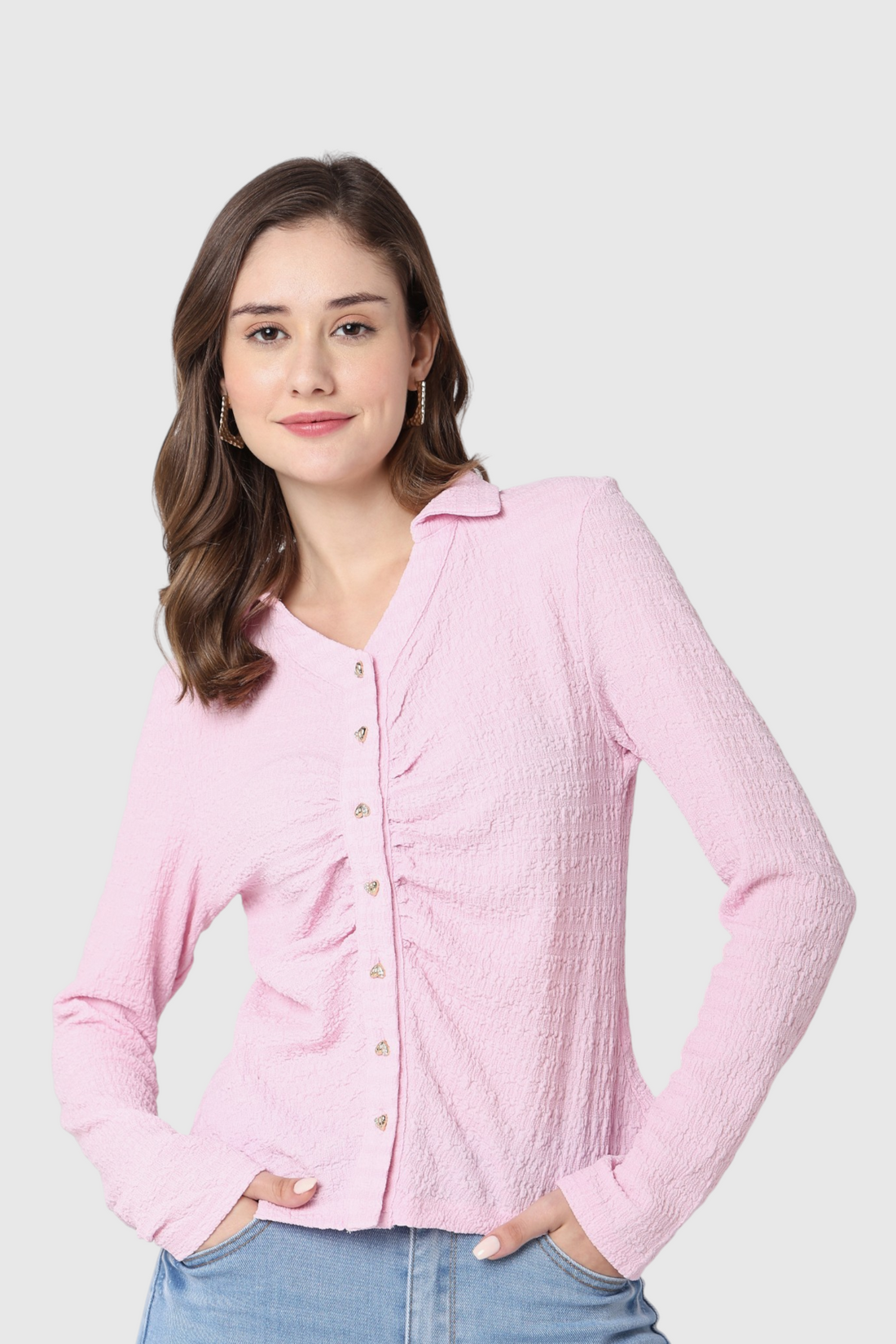 Pink Textured Ruched Button-Front Shirt
