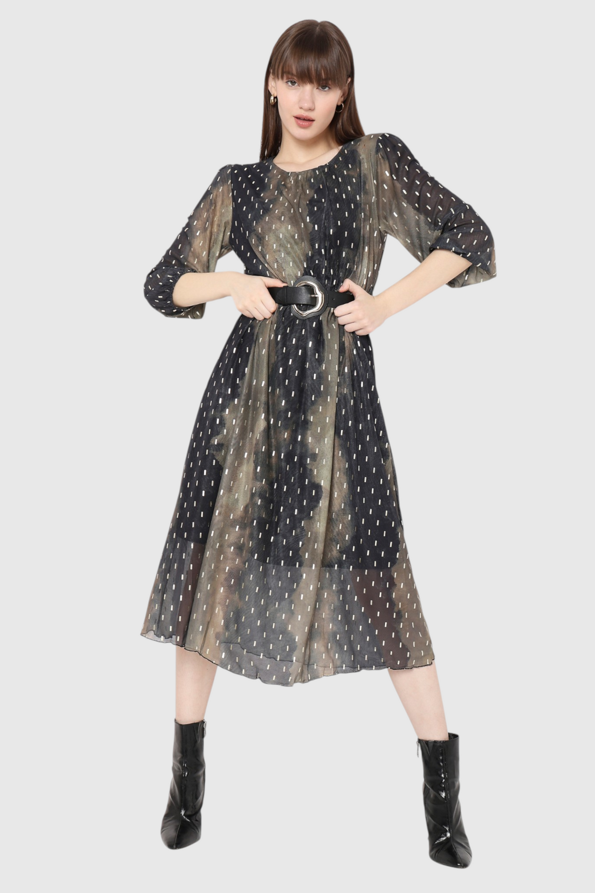 Tie-Dye Foil Dot Belted Midi Dress