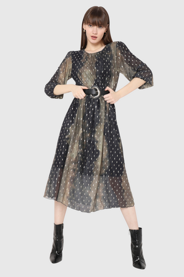 Tie-Dye Foil Dot Belted Midi Dress
