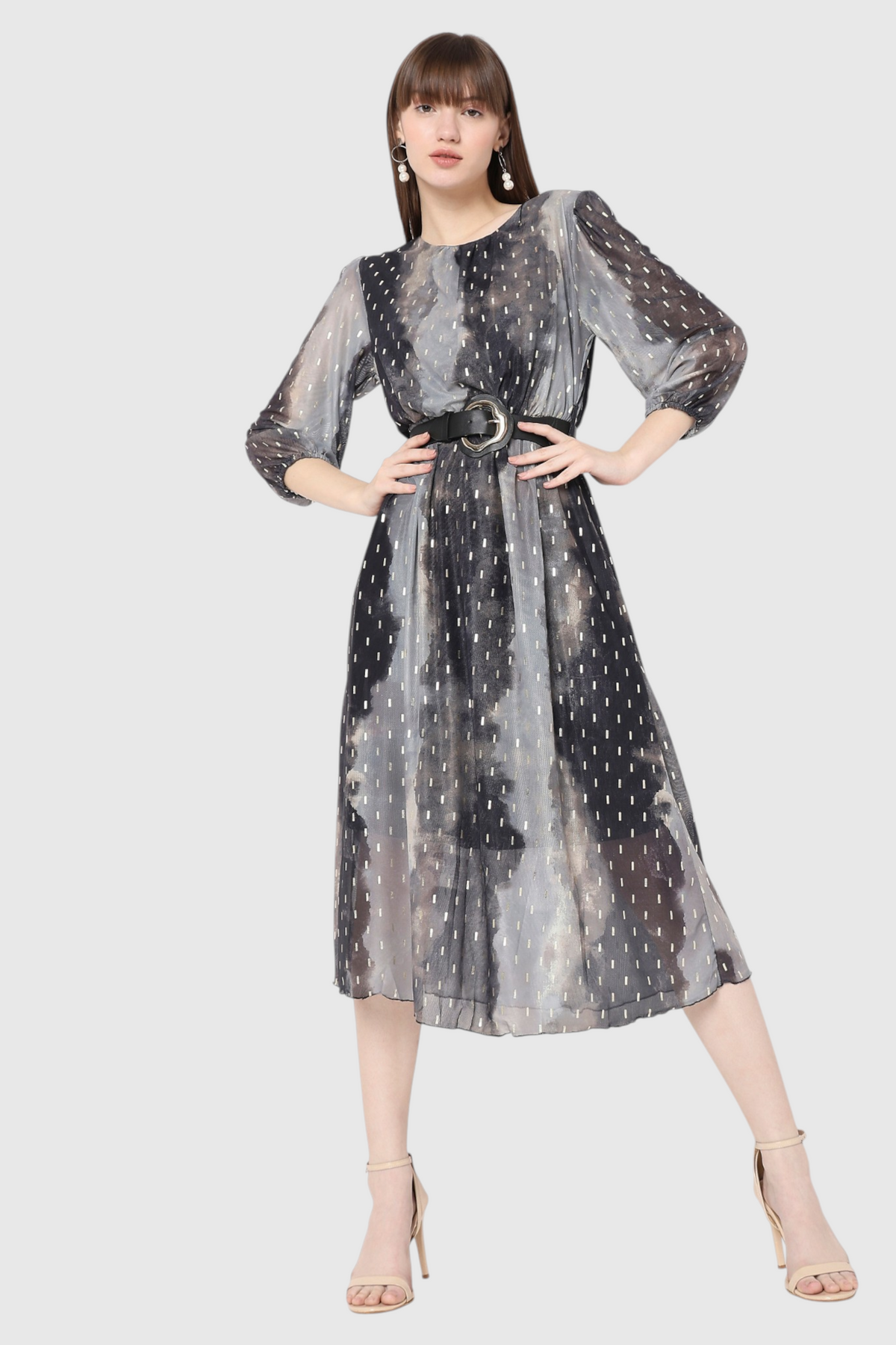 Tie-Dye Foil Dot Belted Midi Dress