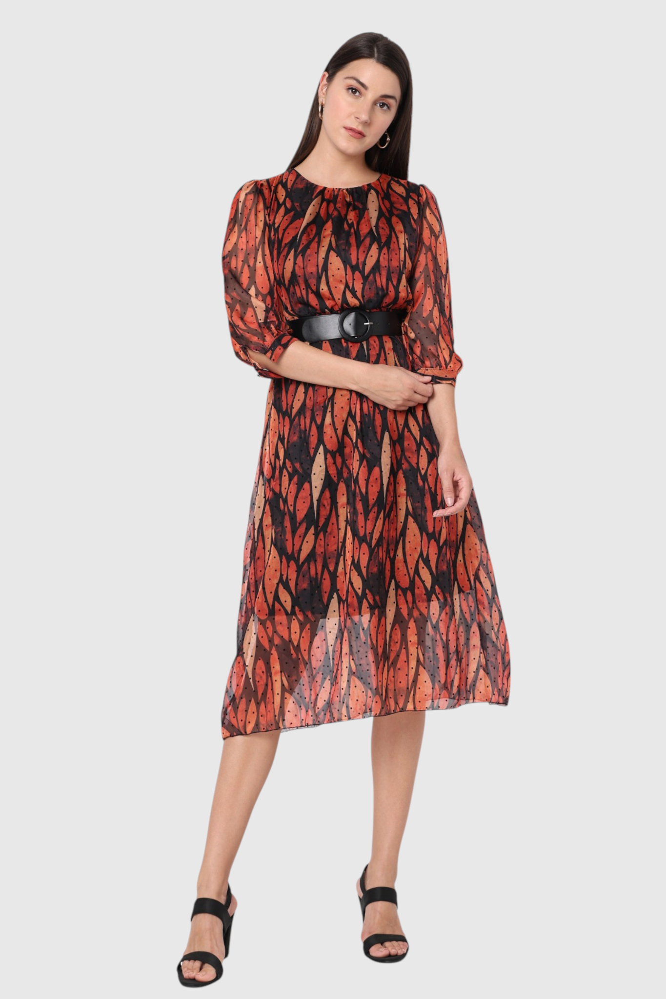 Rust Feather Print Belted Midi Dress