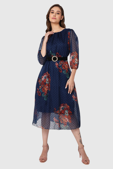 Floral Polka Dot Belted Midi Dress