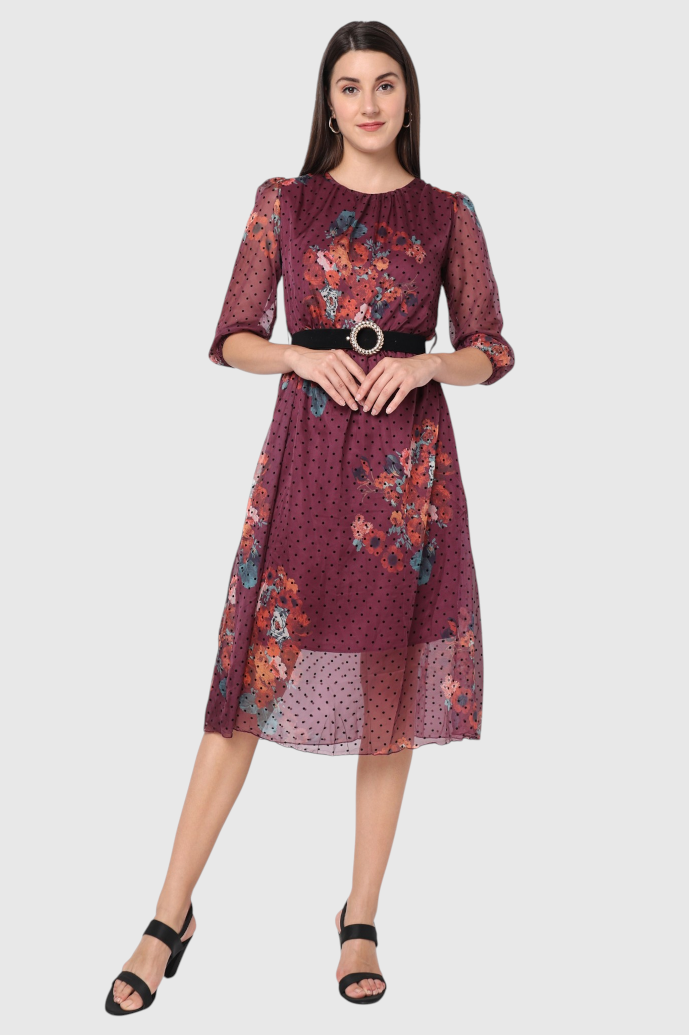 Floral Polka Dot Belted Midi Dress