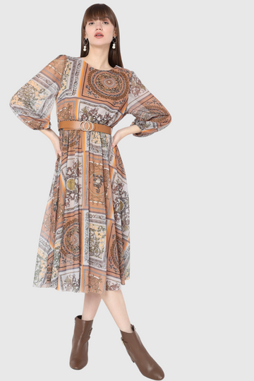 Baroque Print Belted Midi Dress