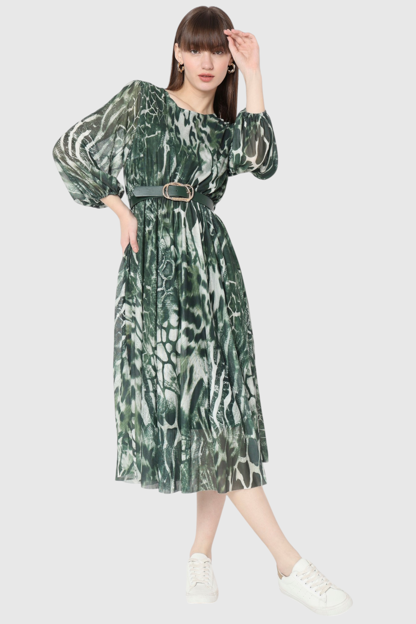 Snakeskin Animal Print Belted Midi Dress