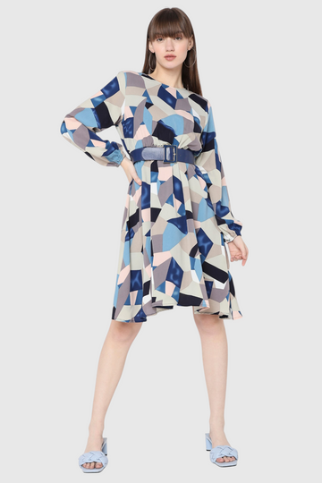 Geometric Print Belted Skater Dress
