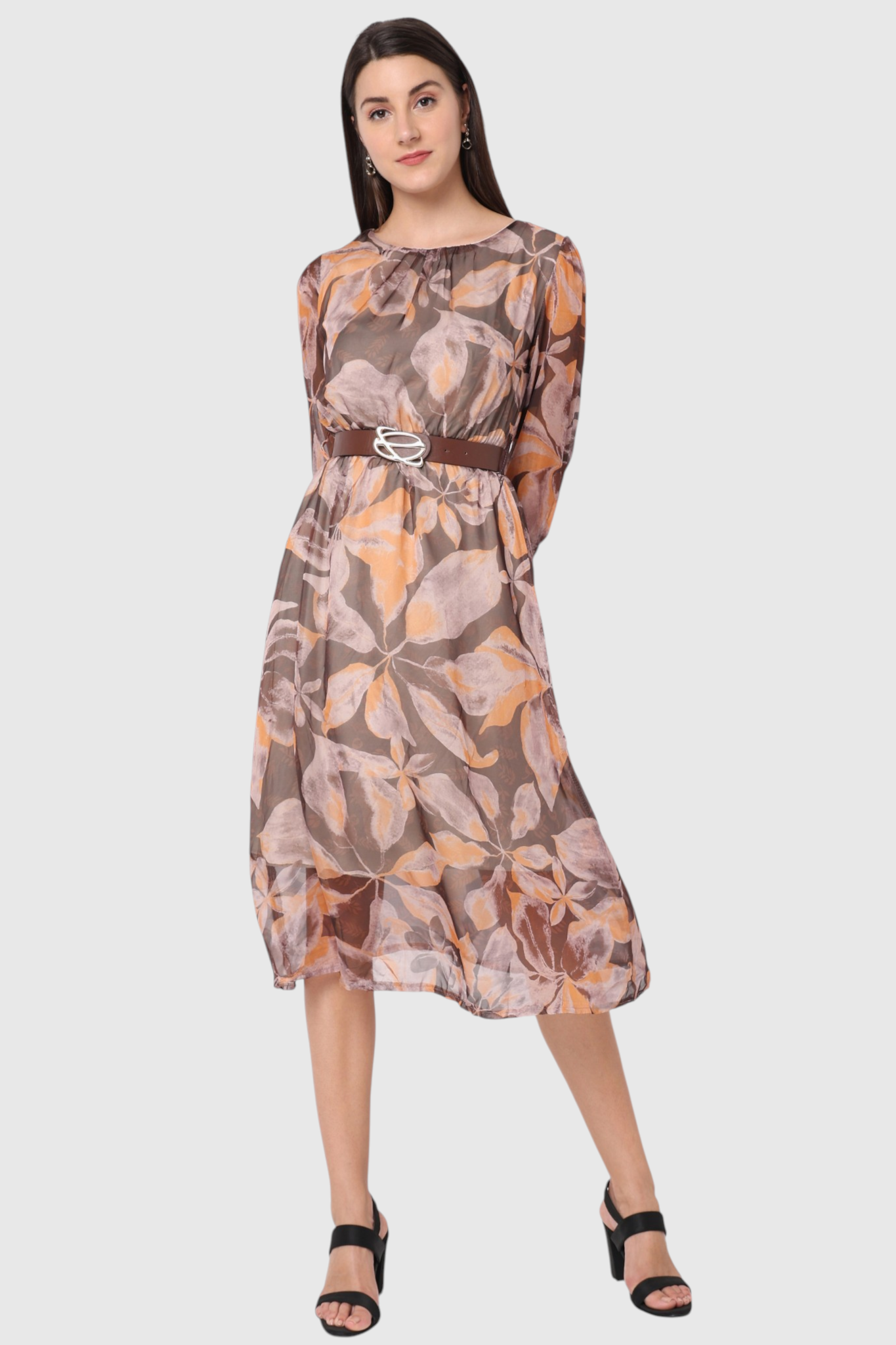 Taupe Floral Print Belted Midi Dress