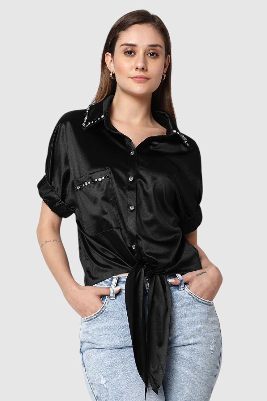 Satin Embellished Tie-Front Shirt