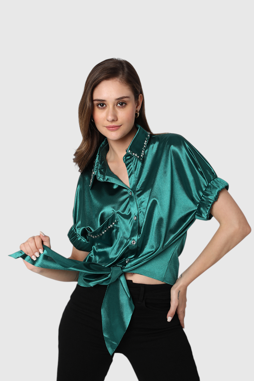 Satin Embellished Tie-Front Shirt