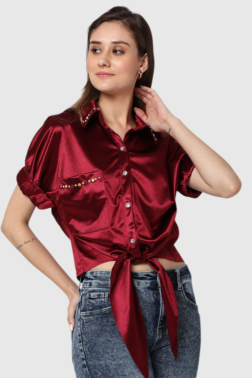 Satin Embellished Tie-Front Shirt