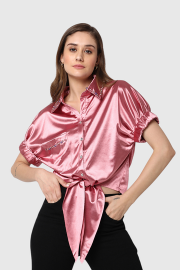 Satin Embellished Tie-Front Shirt