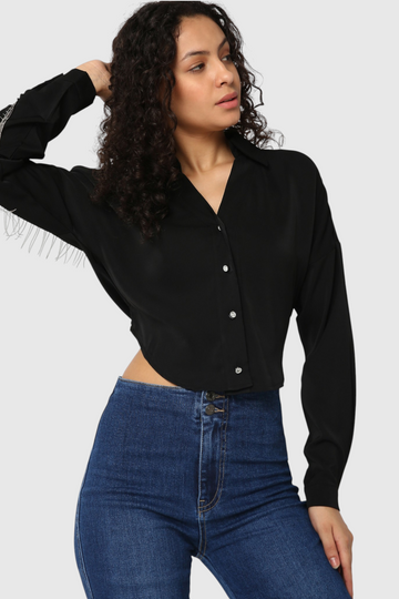 Cropped Shirt with Fringe Cuff Detail