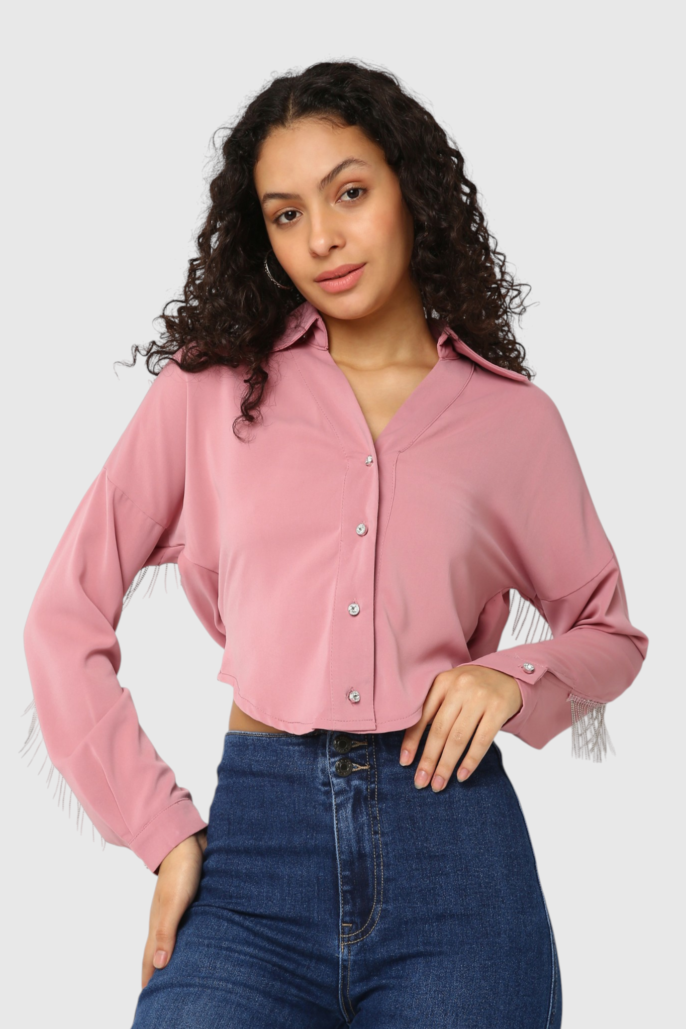 Cropped Shirt with Fringe Cuff Detail