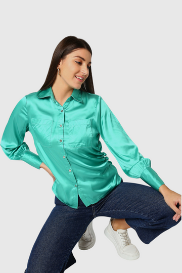 Emerald Satin Dual Pocket Shirt