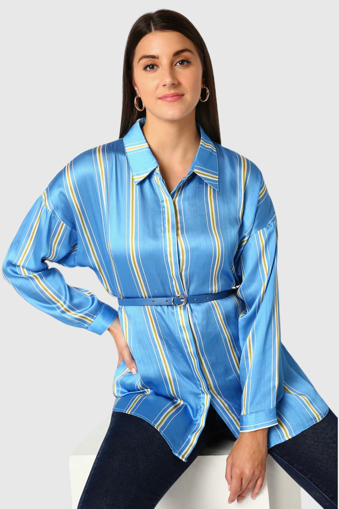 Striped Satin Belted Shirt