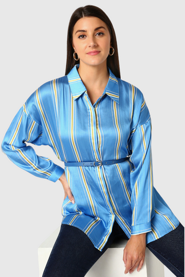 Striped Satin Belted Shirt