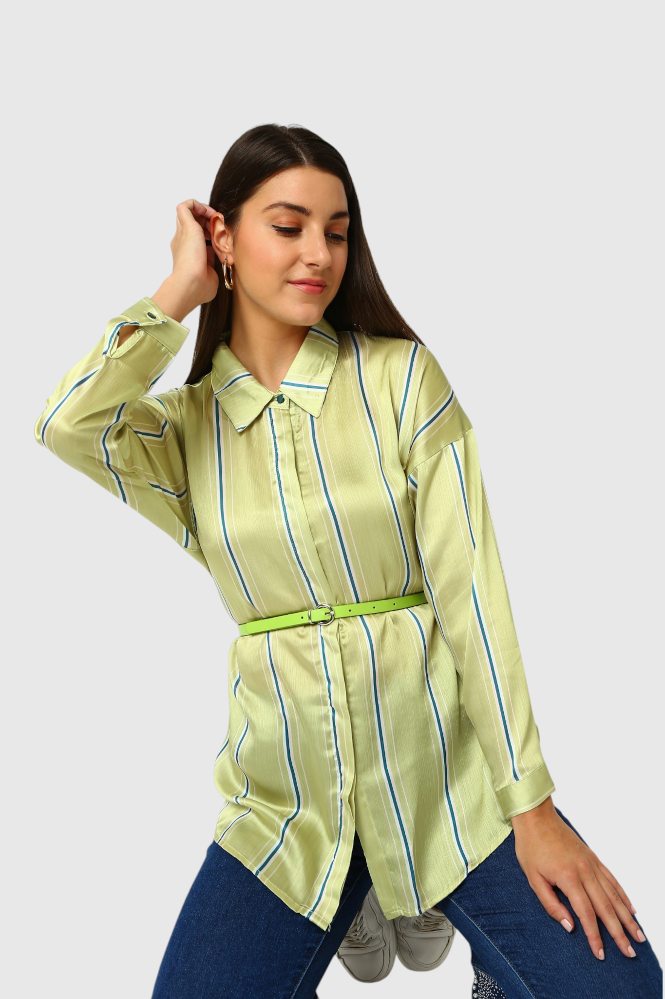 Striped Satin Belted Shirt