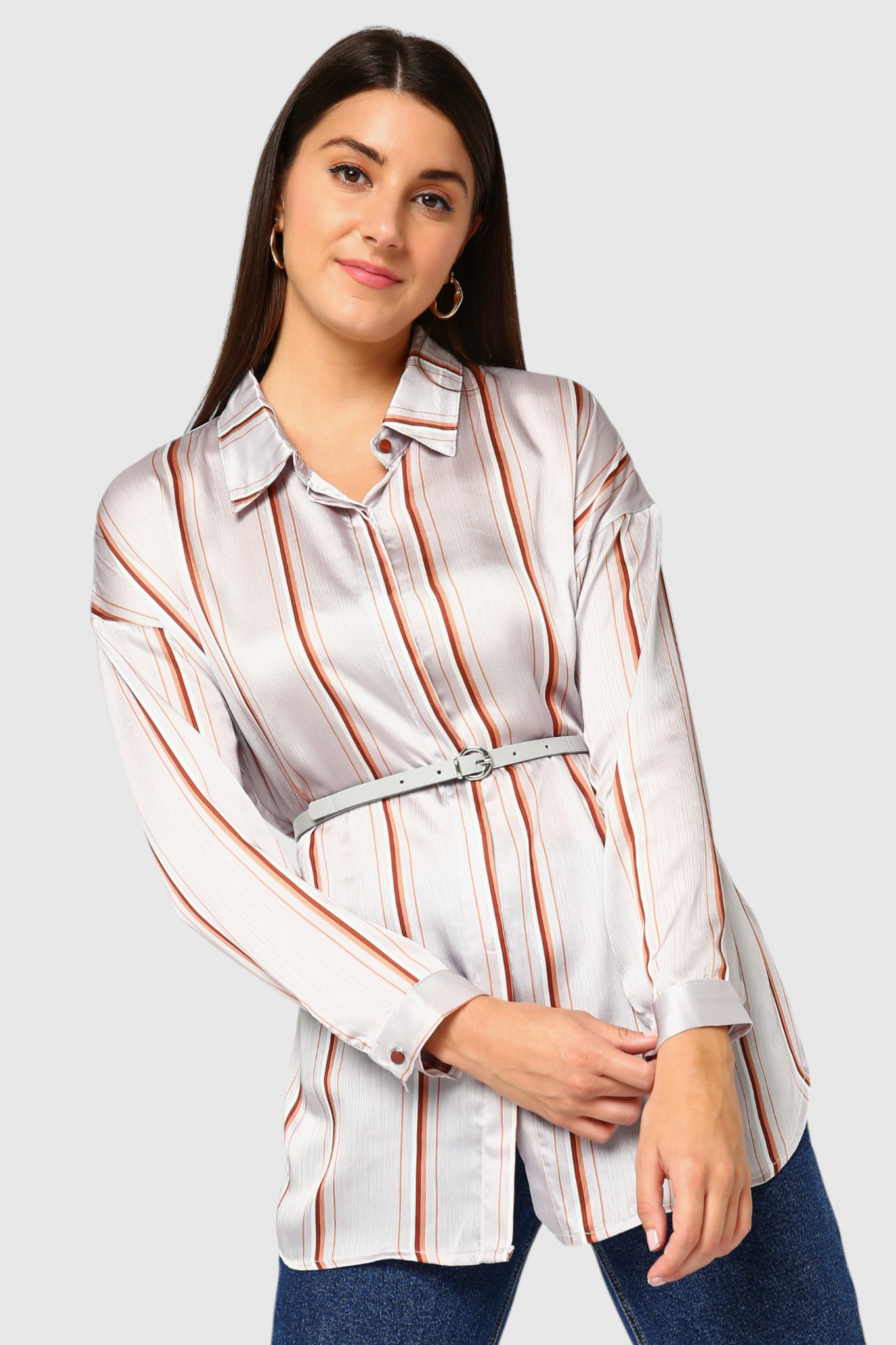 Striped Satin Belted Shirt