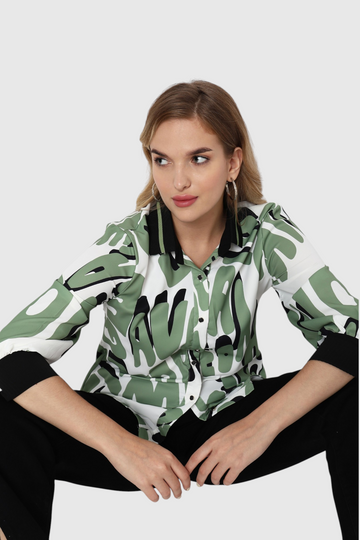 Taupe Graffiti Typographic Print Contrast Collar Shirt