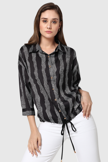 Wavy Dot Print Drawstring Hem Shirt