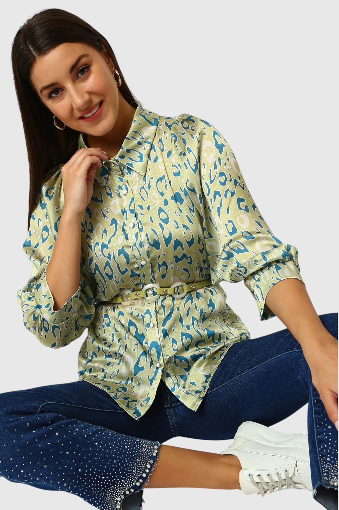 Sage Leopard Print Belted Satin Shirt