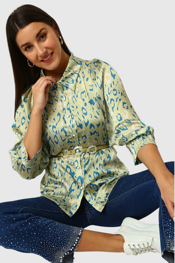 Sage Leopard Print Belted Satin Shirt