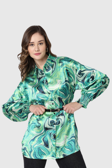 Green Marble Print Belted Blouse
