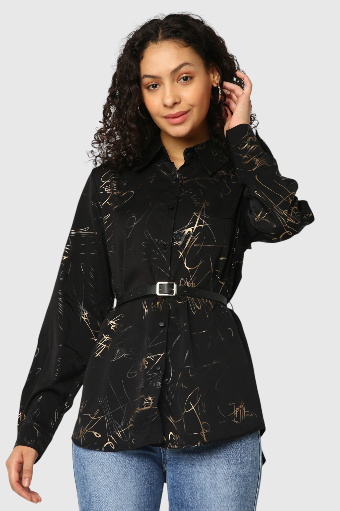 Scribble Print Belted Shirt