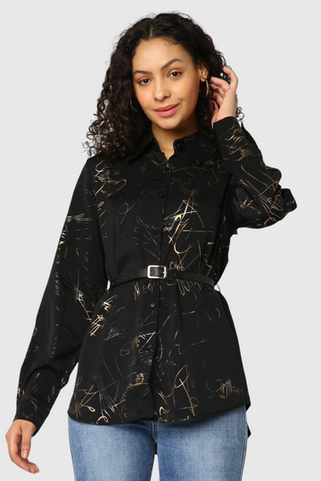 Scribble Print Belted Shirt