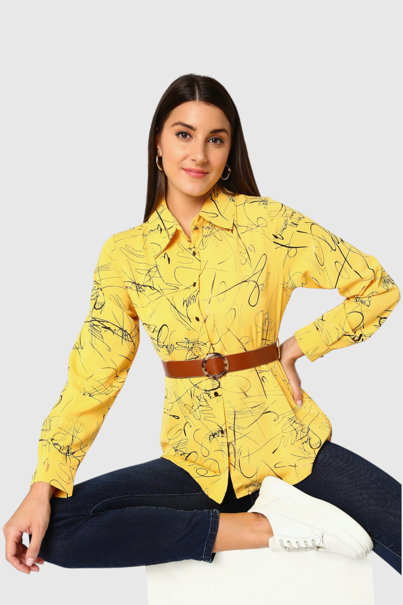 Scribble Print Belted Shirt