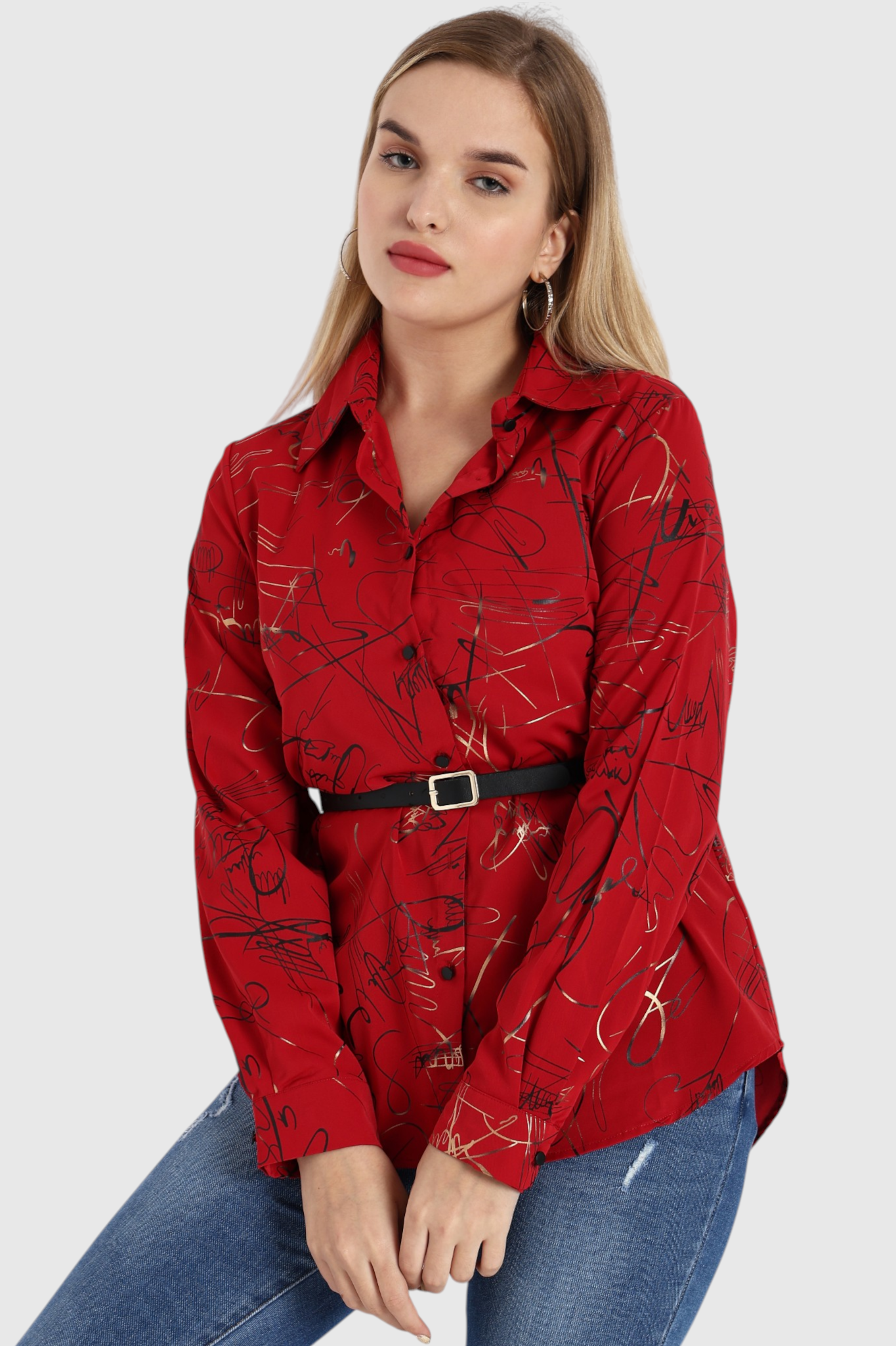Scribble Print Belted Shirt