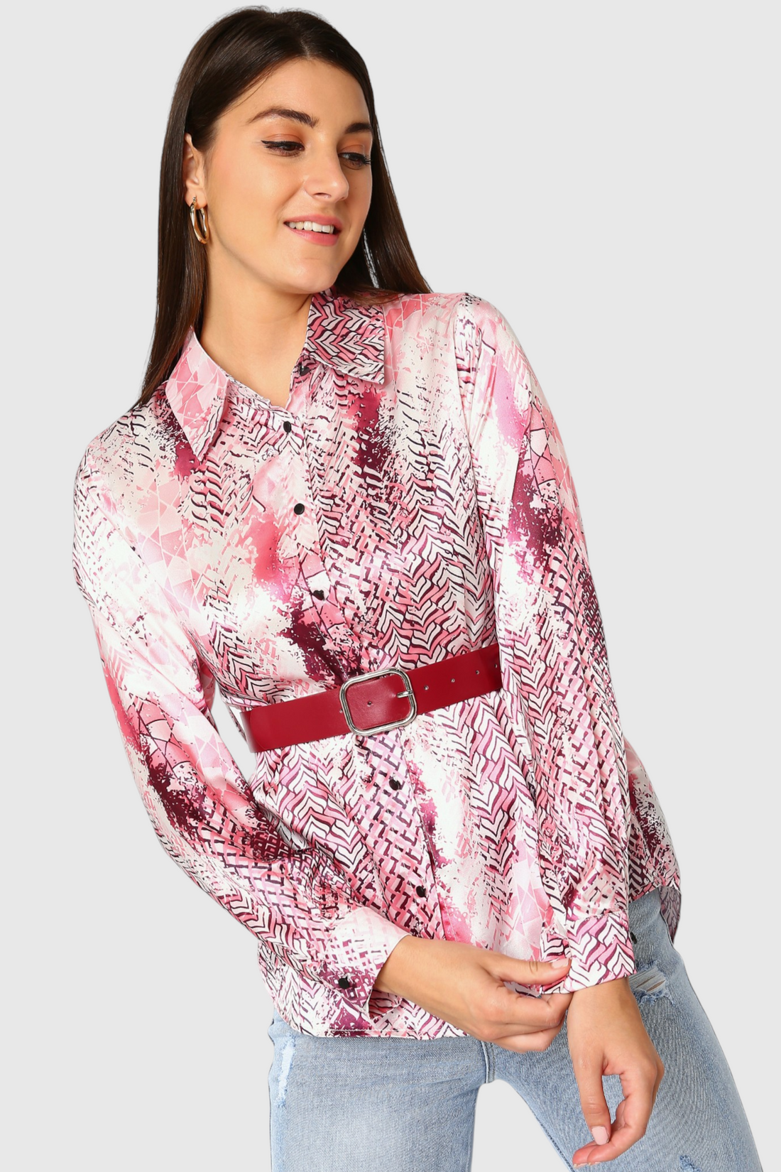 Abstract Print Belted Shirt