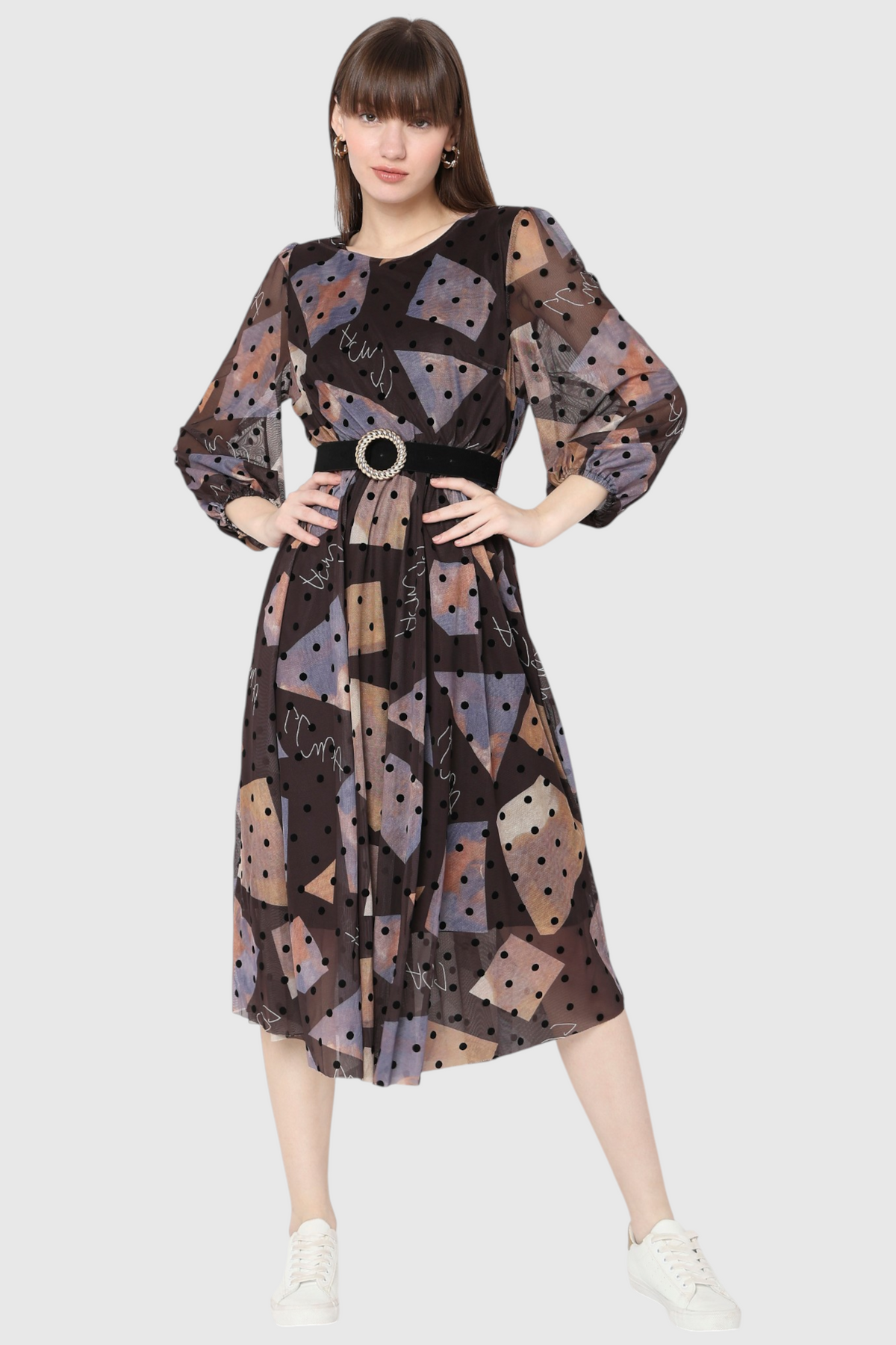 Geometric Polka Dot Belted Midi Dress