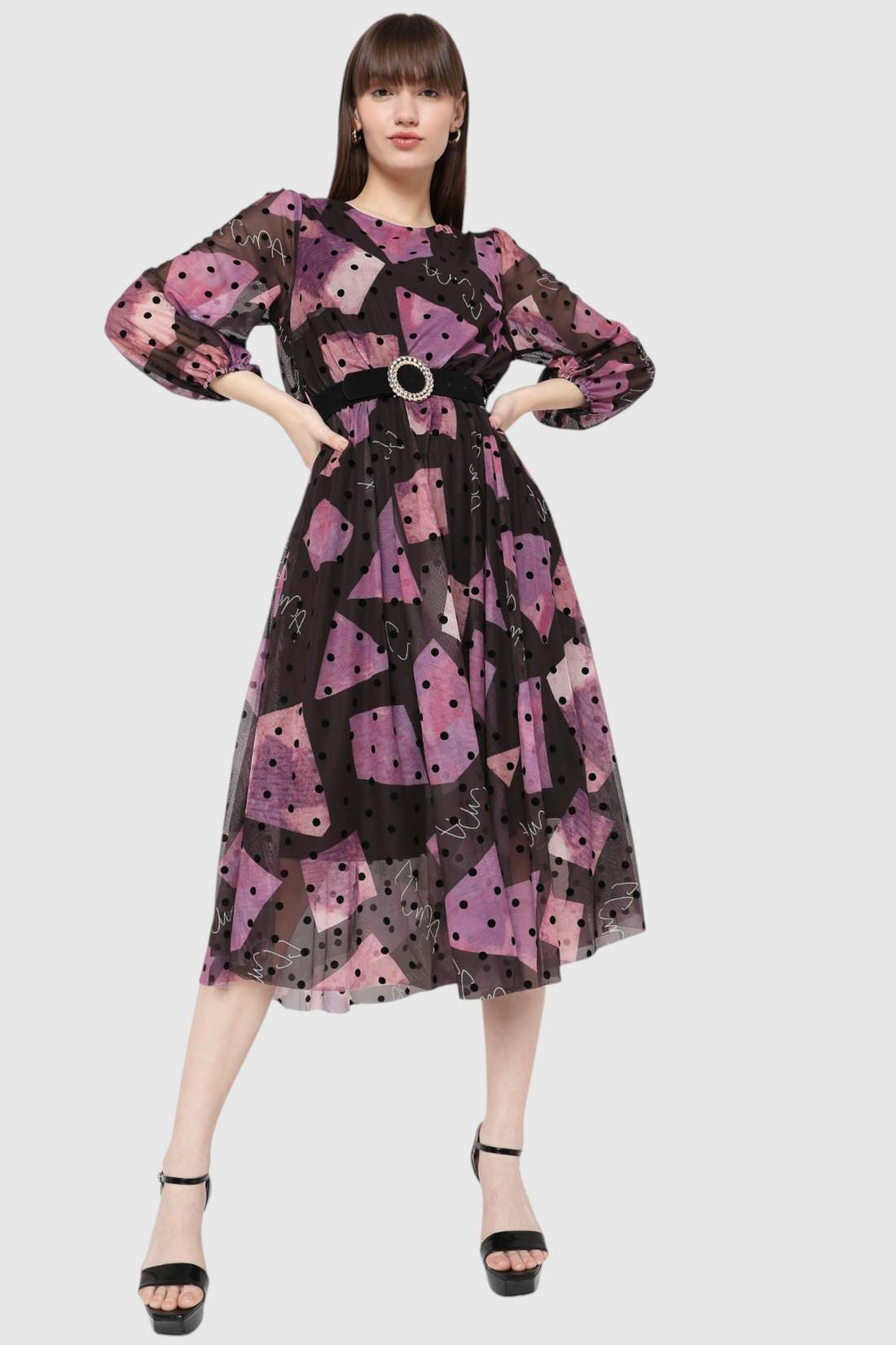 Geometric Polka Dot Belted Midi Dress