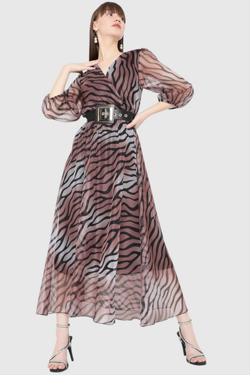 Mauve Zebra Print Belted Maxi Dress