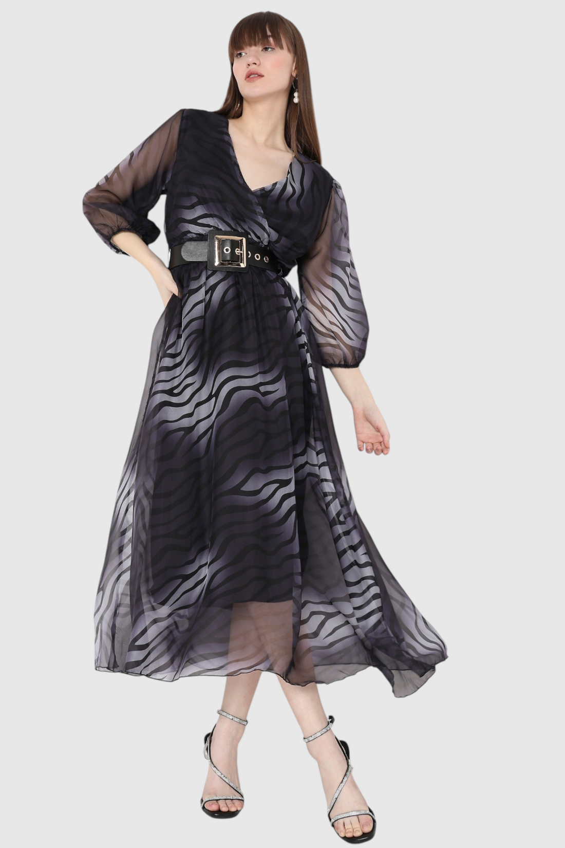 Mauve Zebra Print Belted Maxi Dress