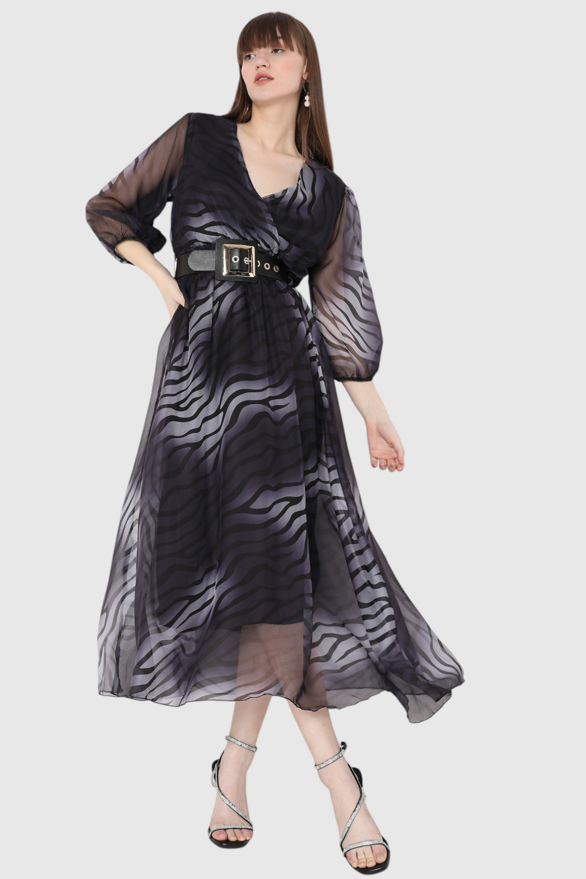 Mauve Zebra Print Belted Maxi Dress