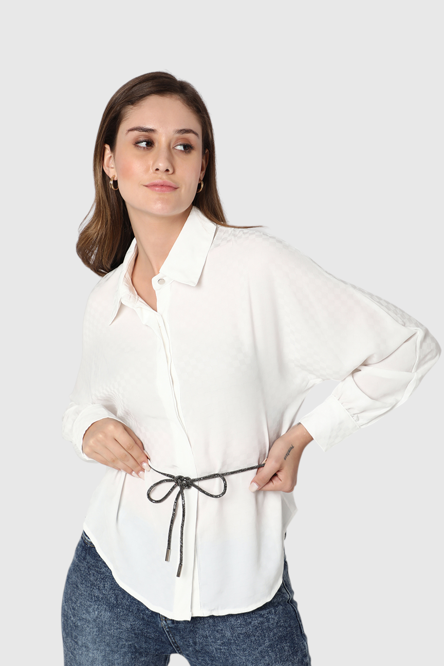 Tonal Check Tie-Waist Shirt