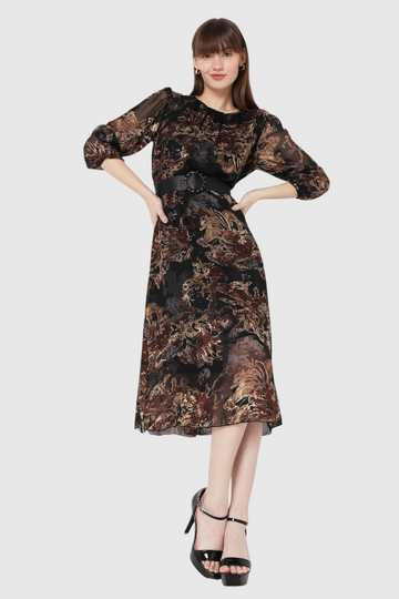 Black Baroque Floral Print Belted Midi Dress