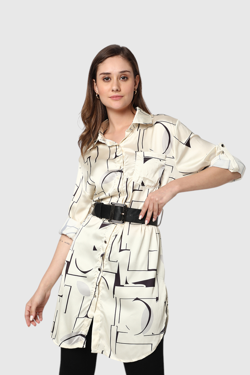 Abstract Geometric Print Belted Tunic Shirt