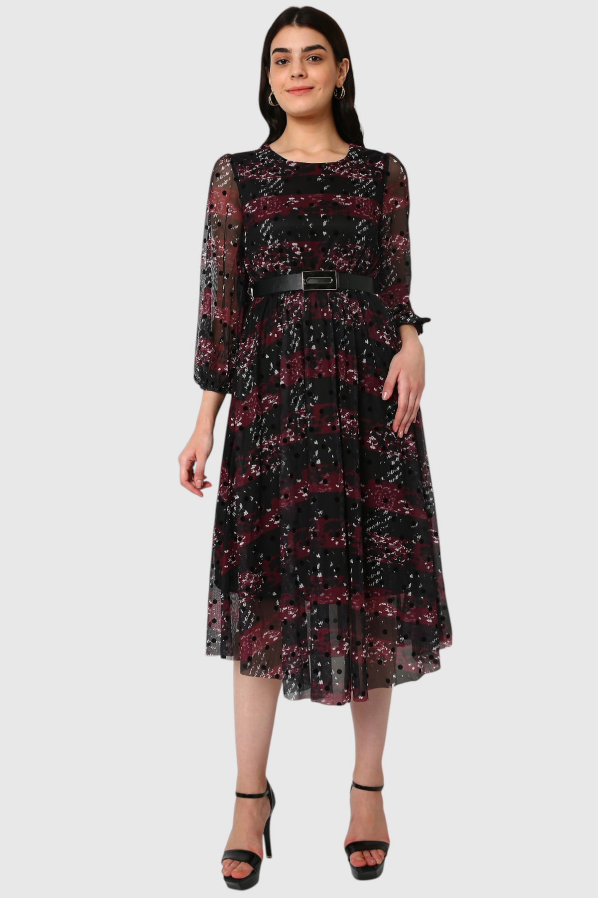 Black Floral Polka Dot Belted Midi Dress