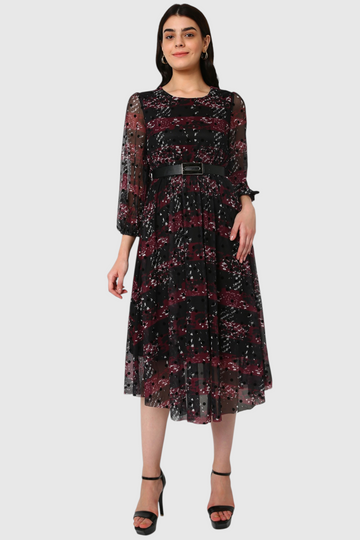 Black Floral Polka Dot Belted Midi Dress