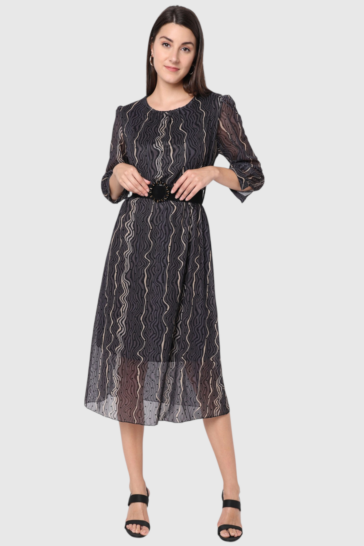 Wavy Stripe Print Belted Midi Dress
