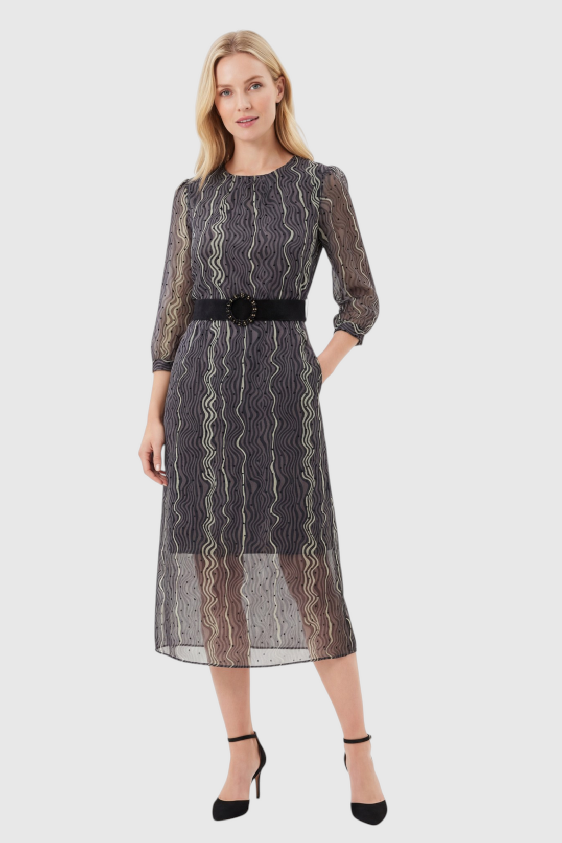 Wavy Stripe Print Belted Midi Dress