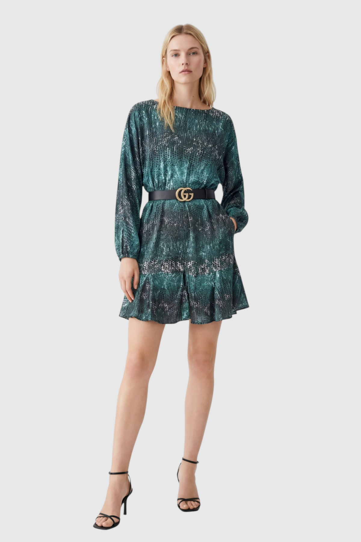 Snakeskin Print Belted Dress